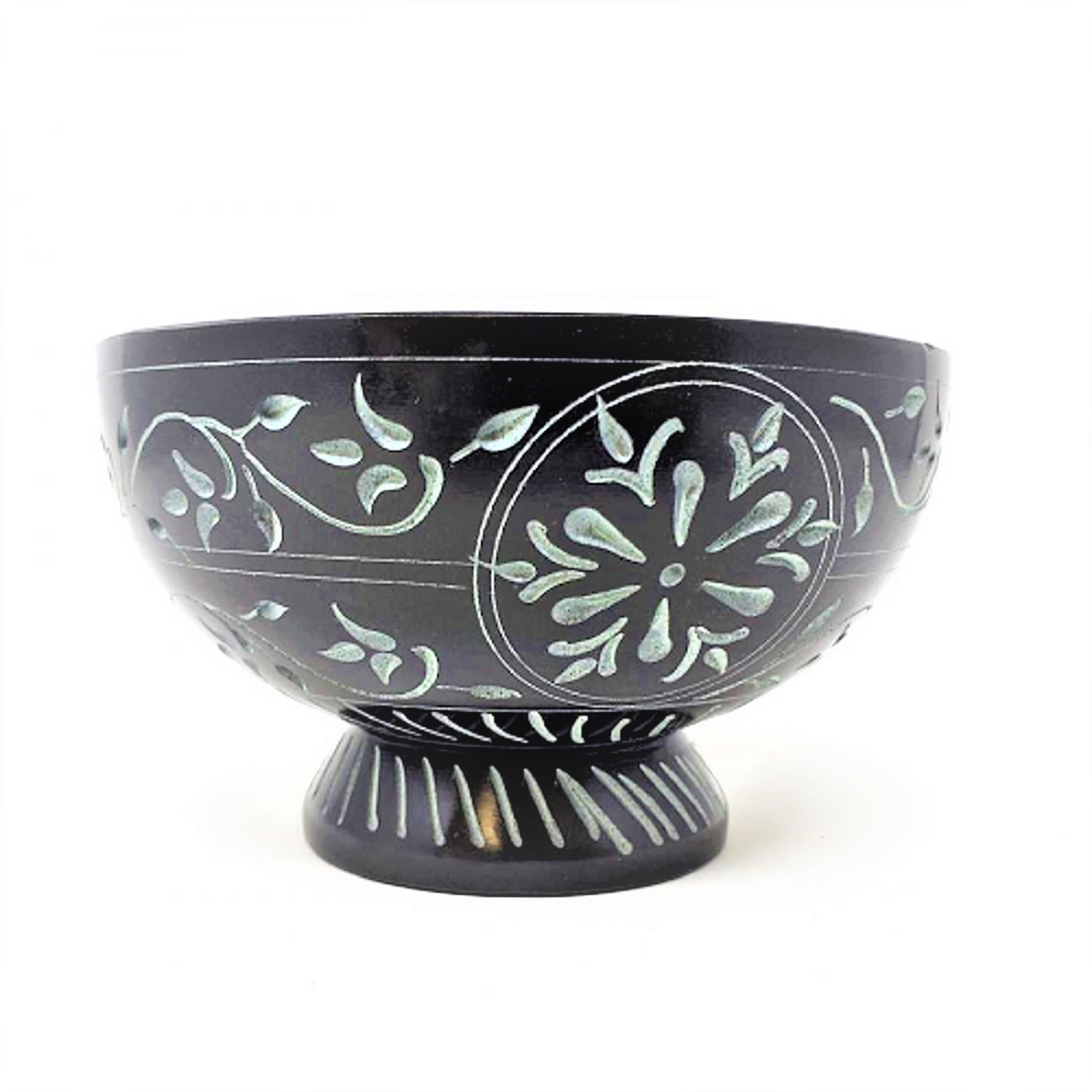 Sacred Bloom: Floral Hand-Carved Black Soapstone Bowl ( 3")